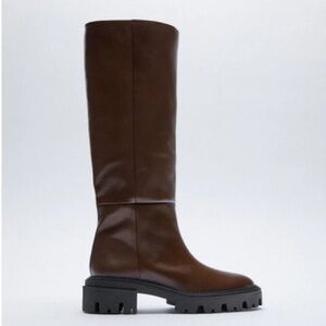 Zara Brown Leather Knee-High Boots